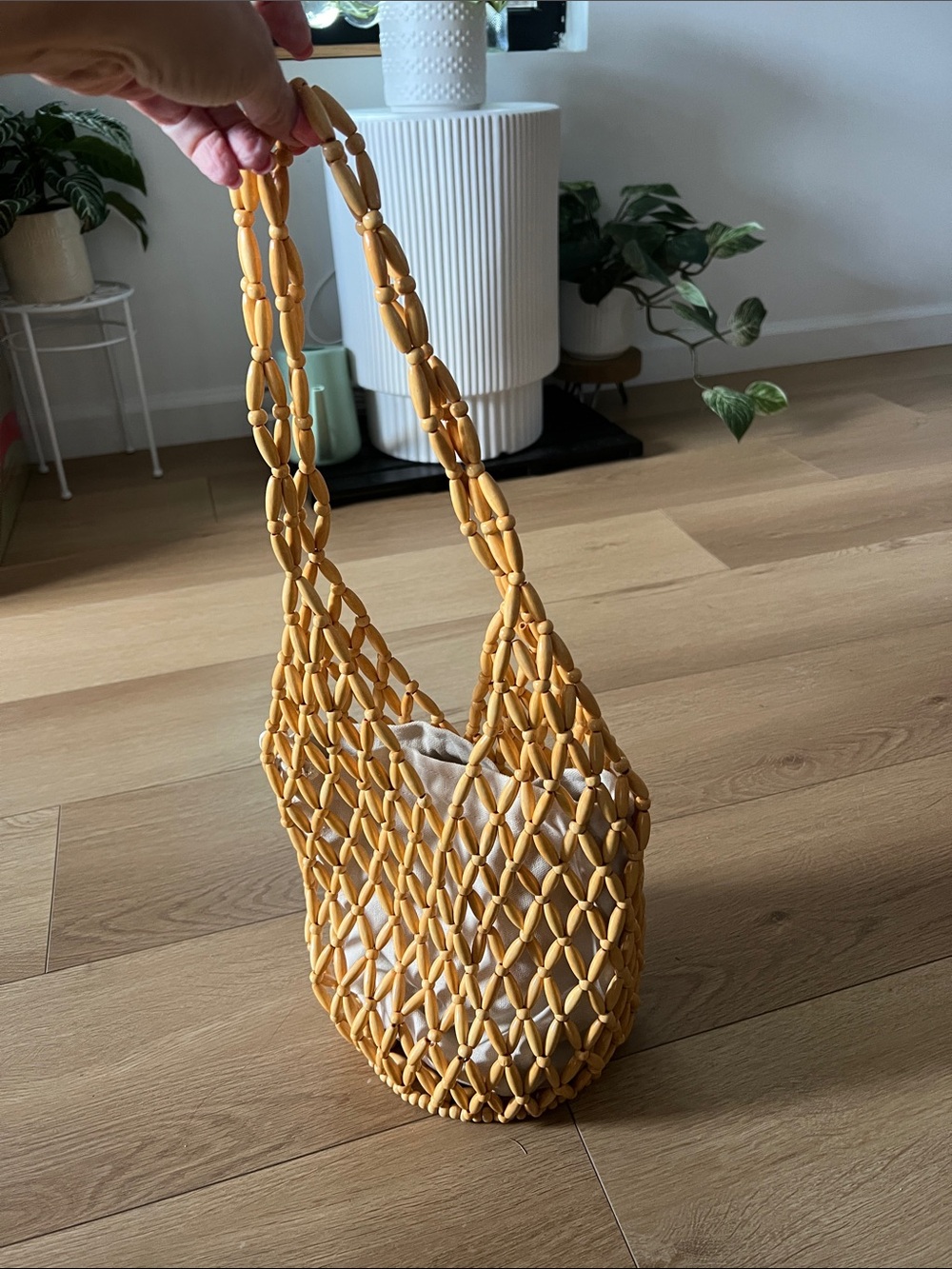 Handwoven Yellow Bead Net Tote Bag with Inner Pouch